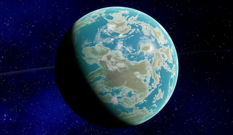 Planeta Venus se află mai aproape de Soare decât Pământul. E considerată planeta „geamănă” a Pământului. În imagine apare în nuanțe de portocaliu și galben, pe fundal negru