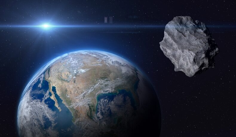 Un asteroid care se află în orbita Pământului, pe fundal negru, similar cu asteroidul „troian” care va urmări Pământul încă 4.000 de ani