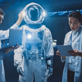 Doi cercetători în halate de laborator, care studiază un astronaut. Experții au analizat cât de mult se schimbî creierul oamenilor