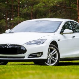 Tesla Model S de culoare albă, pe iarbă. Mașinile Tesla sunt investigate din cauza unor defecțiuni