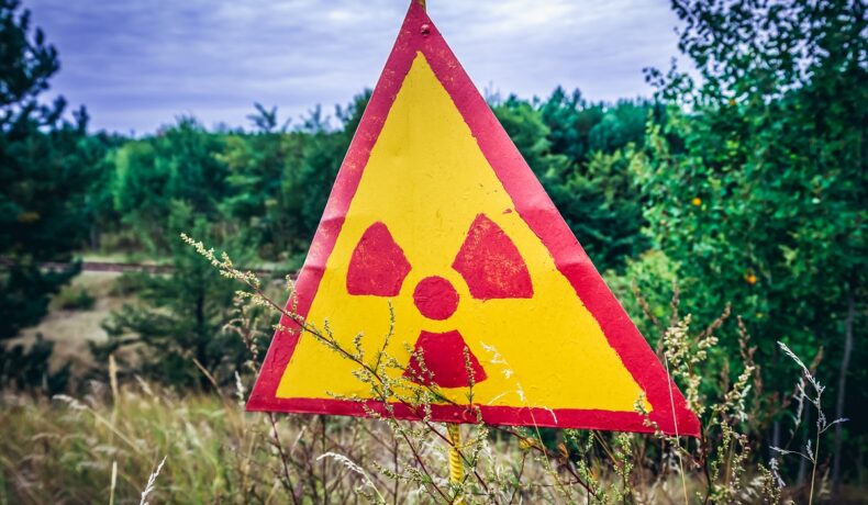 Semn de radiație periculoasă, cu galben și roșu, lângă „Pădurea Roșie”, cea mai radioactivă zonă de la Cernobîl