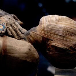 Cap de mumie egipteană, care stă cu mâinile pe piept. Experții ar fi descoperit secretul „sirenei” mumificate din Japonia