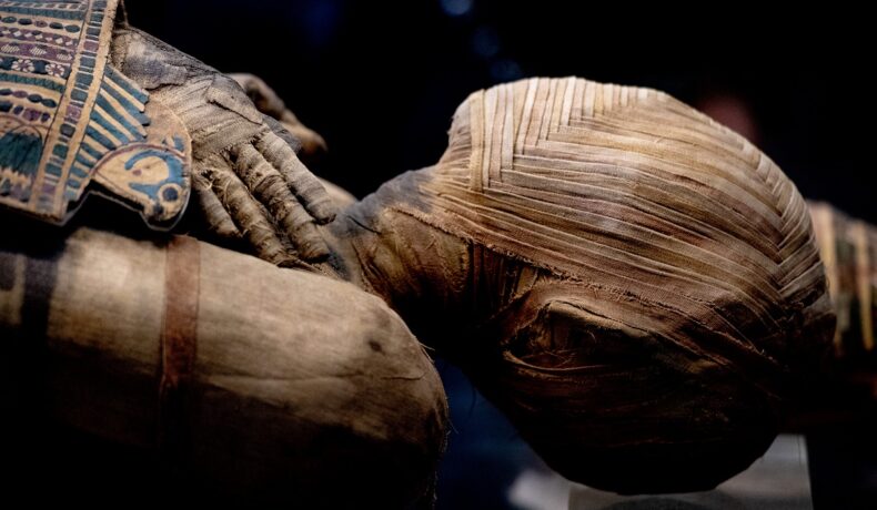 Cap de mumie egipteană, care stă cu mâinile pe piept. Experții ar fi descoperit secretul „sirenei” mumificate din Japonia