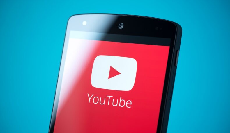 Telefon cu YouTube pe ecran roșu, cu fundal albastru. Recent, Google a forțat închiderea YouTube Vanced