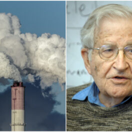 Colaj Noam Chomsky, care a declarat că „ne apropiem de cel mai periculos punct din istoria umană” și turnul unei fabrici cu fum