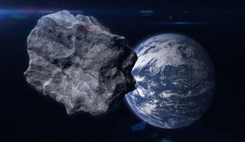 Asteroid imens care se îndreaptă spre Pământ, pe fundal negru, similar cu un asteroid „care poate ucide planete”