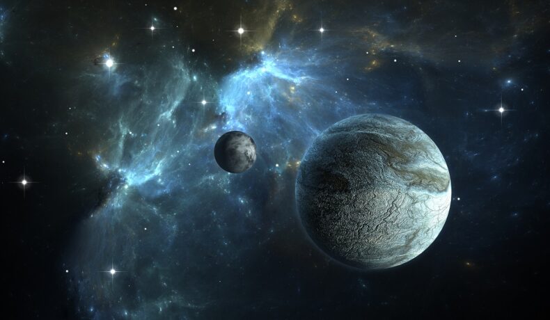 2 planete, similare cu cele pe care le-a descoperit NASA recent, cu lumină albastră pe fundal