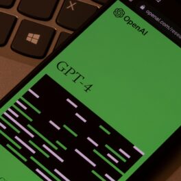 GPT-4, care e de sute de ori mai puternic decât ChatGPT, pe ecranul verde al unui telefon, lângă o tastatură de laptop