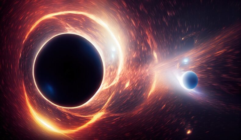 Stea care s-a transformat în gaură neagră și distruge o planetă albastră, pentru a ilustra urmele unor „monștri cerești”