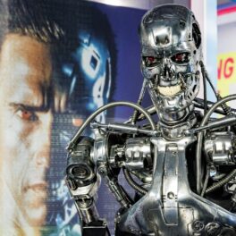 Robot Terminator, cu fața lui Arnold Schwarzenegger pe fundal, pentru a ilustra cum experții au creat un material Terminator