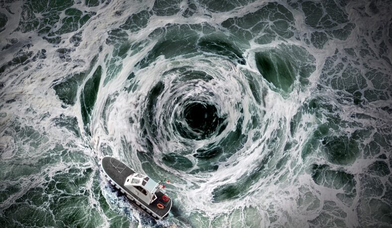 Vârtej în apă, cu o barcă care încearcă să scape din el, pentru a ilustra cum Pământul ar putea ajunge în pragul colapsului climatic