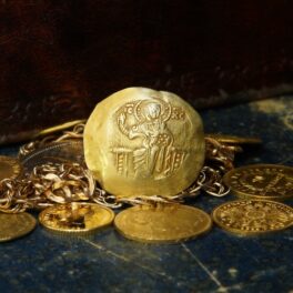 Monede de aur cu un lanț, pe fundal de lemn închis, pentru a ilustra cum un bărbat a făcut „descoperirea secolului”