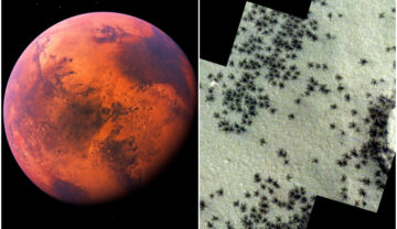 Imagine cu planeta Marte și sute de „păianjeni” de pe suprafața planetei roșii